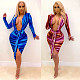 Tie-dyed Deep V-neck High Waist Long Sleeves Skinny Dresses CHY-1297