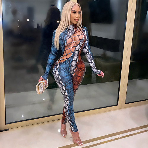 Snake Print Bodycon Long Sleeve Hollow Out Laced Jumpsuits CHY-1298