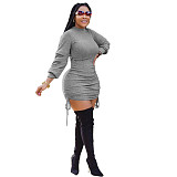 Solid Color Long-sleeved Round Neck Drawstring Bodycon Dress XMY-9278