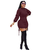 Solid Color Long-sleeved Round Neck Drawstring Bodycon Dress XMY-9278