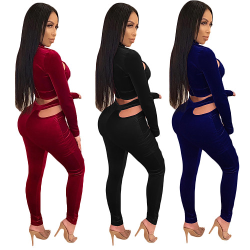 Velvet Irregular Hollow Out Deep V Long Sleeve Leggings Suit DY-6635