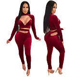 Velvet Irregular Hollow Out Deep V Long Sleeve Leggings Suit DY-6635