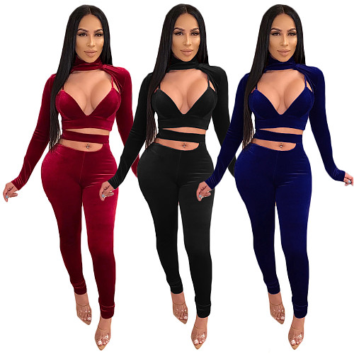 Velvet Irregular Hollow Out Deep V Long Sleeve Leggings Suit DY-6635