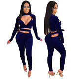 Velvet Irregular Hollow Out Deep V Long Sleeve Leggings Suit DY-6635