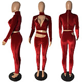 Velvet Irregular Hollow Out Deep V Long Sleeve Leggings Suit DY-6635