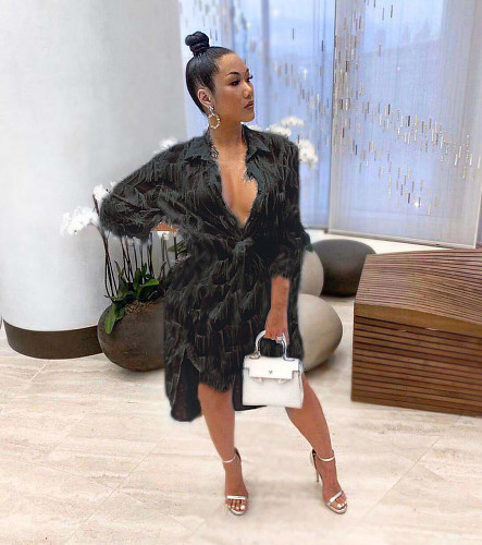 Women's Casual Plus Size Solid Color Fluff Tuxedo Dress BANM-7025