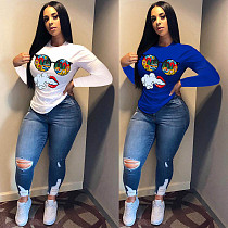 Cartoon Positioning Printed Long Sleeve Round Neck T-shirt BGN-132
