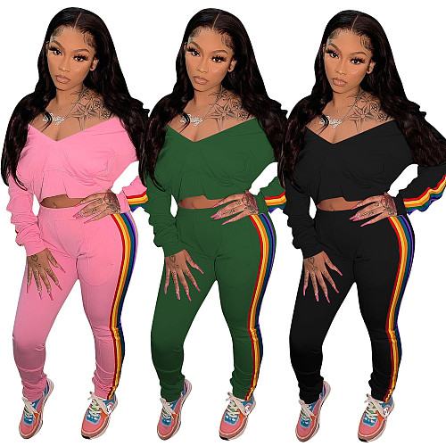 Sides Ribbon Stitching Long Sleeve Crop Top Skinny Pants Set OYF-8239