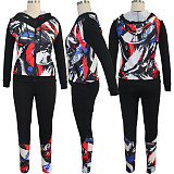 Long Sleeve Zipper Hooded Coat Legging Pants Two Piece Outfits TE-3541