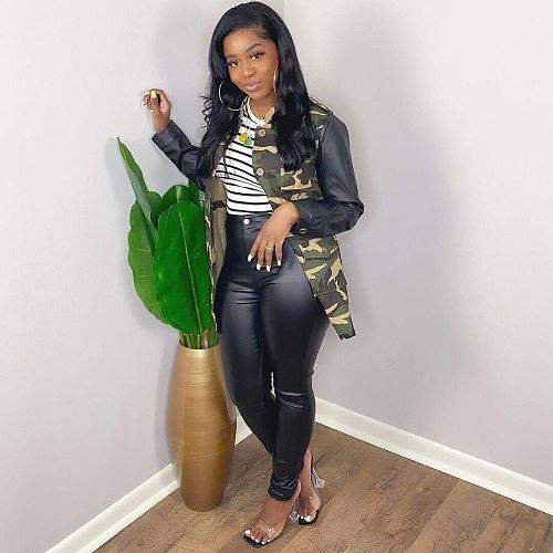 Camo Printed Single-breasted PU Leather Spliced Long-sleeve Jacket LP-6263
