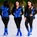 Long Sleeve Zipper Hooded Coat Legging Pants Two Piece Outfits TE-3541