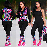 Long Sleeve Zipper Hooded Coat Legging Pants Two Piece Outfits TE-3541
