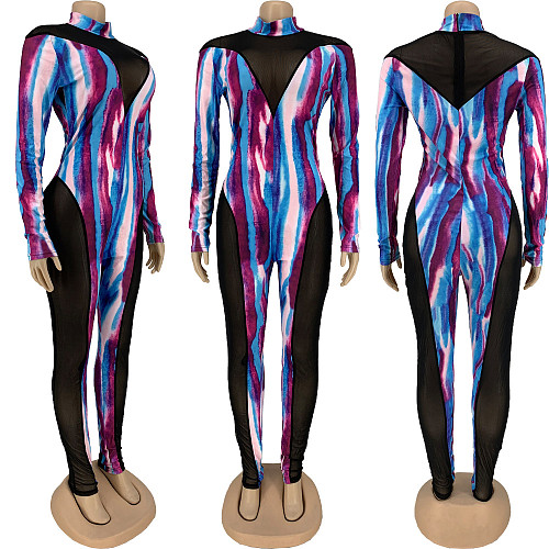 Colorful Sexy Velvet Mesh Spliced Long Sleeve Bodycon Jumpsuit FNN-8570