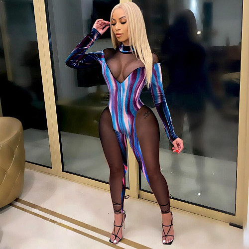 Colorful Sexy Velvet Mesh Spliced Long Sleeve Bodycon Jumpsuit FNN-8570