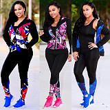Long Sleeve Zipper Hooded Coat Legging Pants Two Piece Outfits TE-3541