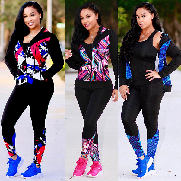 Long Sleeve Zipper Hooded Coat Legging Pants Two Piece Outfits TE-3541