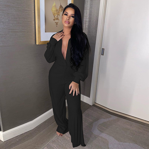 Sexy Solid Color Loose Long Sleeve Micro Flared Jumpsuit NIYA-8036