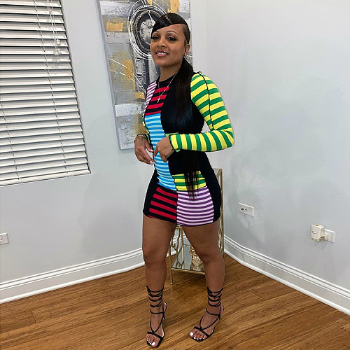Women's Matching Striped Long Sleeve Skinny Mini Dress GLS-8111