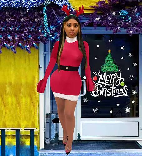 Women Turtleneck Long Flared Sleeve Christmas Party Mini Dress NM-8086
