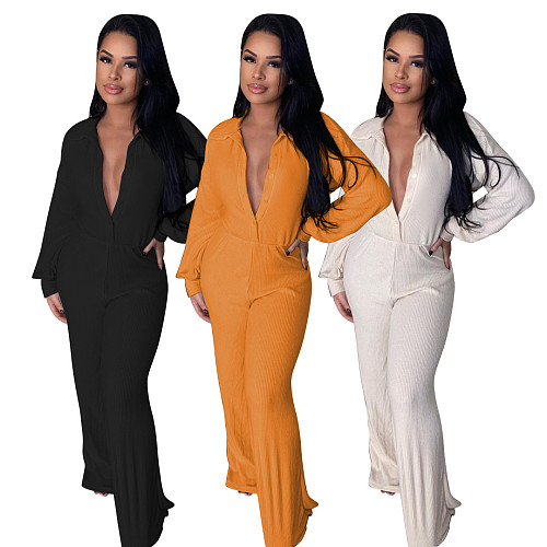 Sexy Solid Color Loose Long Sleeve Micro Flared Jumpsuit NIYA-8036