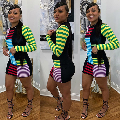 Women's Matching Striped Long Sleeve Skinny Mini Dress GLS-8111