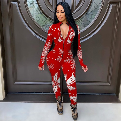 Christmas Print Sexy Long Sleeve Button Up Sleepwear Jumpsuit CHY-1308