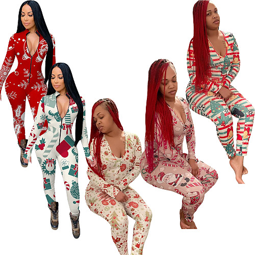 Christmas Print Sexy Long Sleeve Button Up Sleepwear Jumpsuit CHY-1308