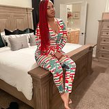 Christmas Print Sexy Long Sleeve Button Up Sleepwear Jumpsuit CHY-1308