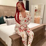 Christmas Print Sexy Long Sleeve Button Up Sleepwear Jumpsuit CHY-1308