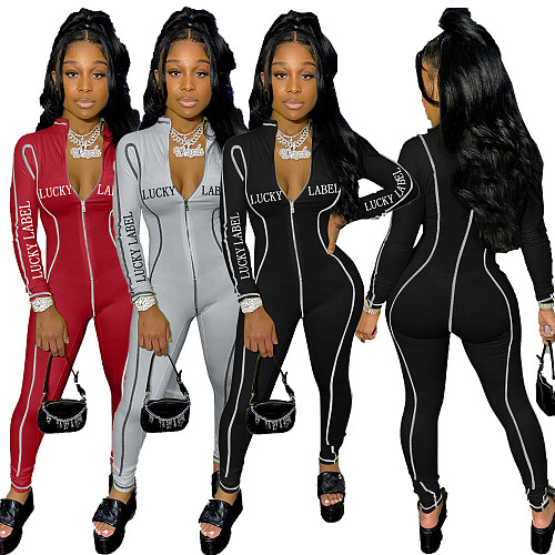 Women's Letters Print Zipper Front Long Sleeve Bodycon Jumpsuit NM-8335