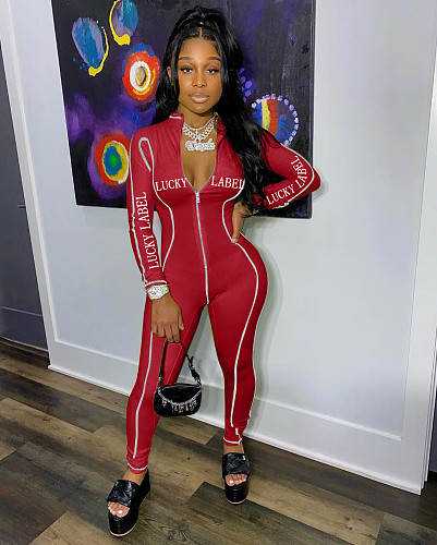 Women's Letters Print Zipper Front Long Sleeve Bodycon Jumpsuit NM-8335