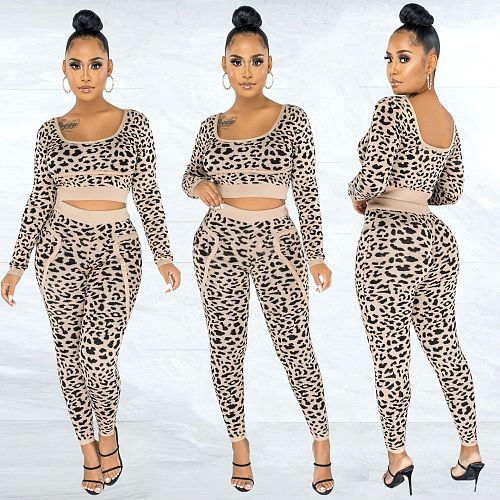 Winter Leopard Print Long Sleeve Top Pants Two-piece Suit WA-7139