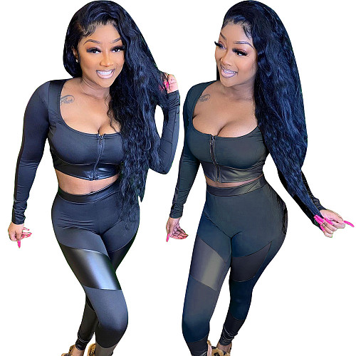 PU Leather Splicing Long Sleeve Crop Top Pants Two Piece Set HMS-5425