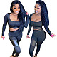 PU Leather Splicing Long Sleeve Crop Top Pants Two Piece Set HMS-5425