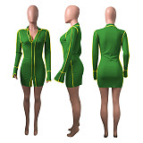 Sexy Contrast Stitch Rib Knit V Neck Long Sleeve Bodycon Dresses NIK-198