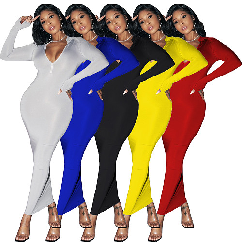 Autumn Long Sleeve Solid Bodycon High-waist Party Wrap Dresses AIL-147