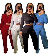 Solid-color Long Sleeve T-shirt Wide-leg Pants Two-piece Set WSM-5210
