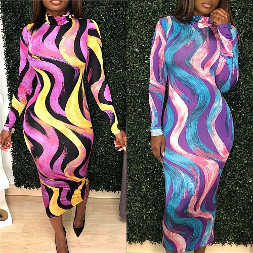 Hot Style Colour Print Half High-neck Long Sleeves Slim Dress LSL-6183