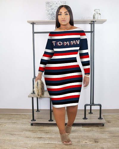 Winter Striped Print Long Sleeve O-neck Bodycon Pencil Midi Dress OM-1199