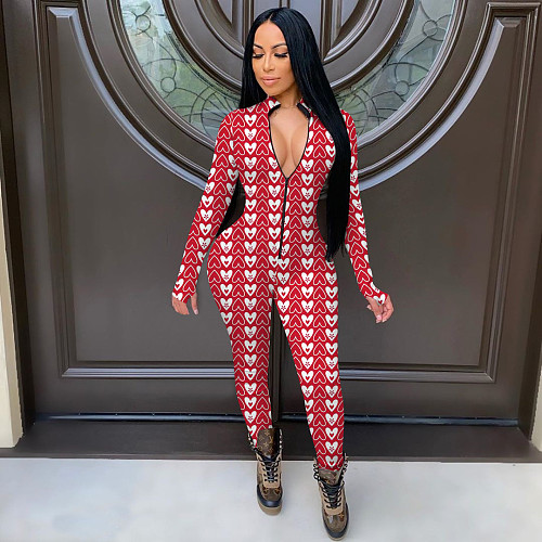 Valentine's Day Element Print Long Sleeve Front Zipper Jumpsuit YMT-6191