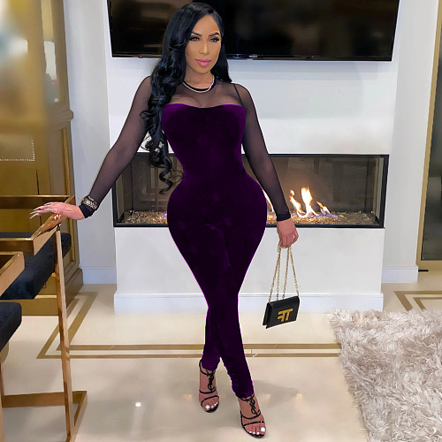 Solid-color Mesh Spliced Zip-up Nightclub Bodycon Jumpsuit MEI-9137