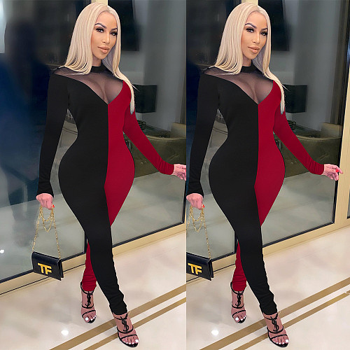 Sexy Mesh Splicing Long Sleeve Back Skinny Zipper Jumpsuit FSX-258