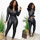 Women's Sexy Long Sleeve Black PU Jumpsuit with Buckle Belt OD-8414