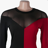 Sexy Mesh Splicing Long Sleeve Back Skinny Zipper Jumpsuit FSX-258