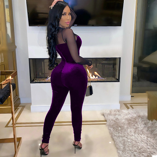 Solid-color Mesh Spliced Zip-up Nightclub Bodycon Jumpsuit MEI-9137