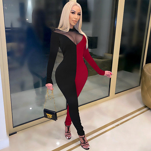 Sexy Mesh Splicing Long Sleeve Back Skinny Zipper Jumpsuit FSX-258