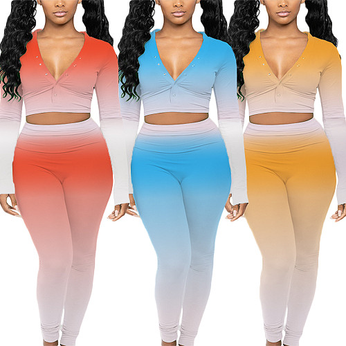 Gradient Long-sleeved Button-down Crop Top Leggings Outfit DY-6639