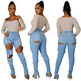 Autumn Women Scratched Ripped Mid-waist Slimming Jeans LX-5503