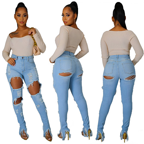 Autumn Women Scratched Ripped Mid-waist Slimming Jeans LX-5503