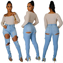 Autumn Women Scratched Ripped Mid-waist Slimming Jeans LX-5503 Autumn Women Scratched Ripped Mid-waist Slimming Jeans LX-5503